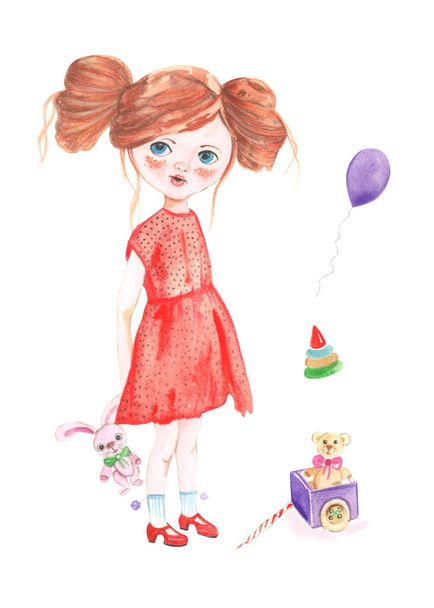 Illustration à l'aquarelle d'une poupée de princesses en motifs floraux sur fond blanc isolé. - Photo, image
