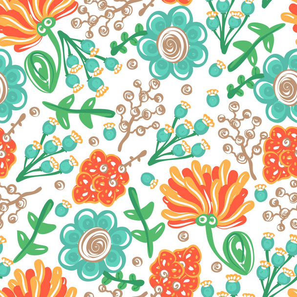 Floral seamless pattern. Hand drawn creative flowers. Colorful artistic background with blossom. Abstract herb. It can be used for wallpaper, textiles, wrapping, card. Vector illustration, eps10 - 写真・画像