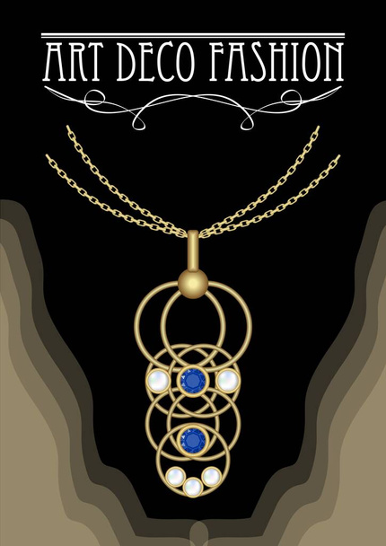 Art deco jewel. Vintage gold necklace. Jewel in victorian style. Filigree gold jewel. Antiquarian jewelry. Filigree gold necklace. Ancient vector jewel. Pendant with sapphire and pearl. - Vector, Image