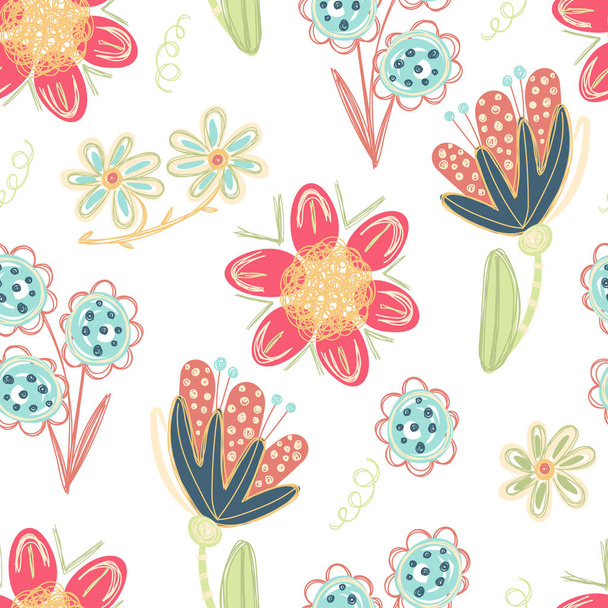 Floral seamless pattern. Hand drawn creative flowers. Colorful artistic background with blossom. Abstract herb. It can be used for wallpaper, textiles, wrapping, card. Vector illustration, eps10 - Φωτογραφία, εικόνα
