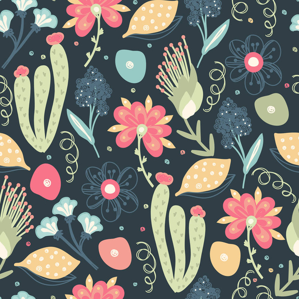 Floral seamless pattern. Hand drawn creative flowers. Colorful artistic background with blossom. Abstract herb. It can be used for wallpaper, textiles, wrapping, card. Vector illustration, eps10 - Photo, Image