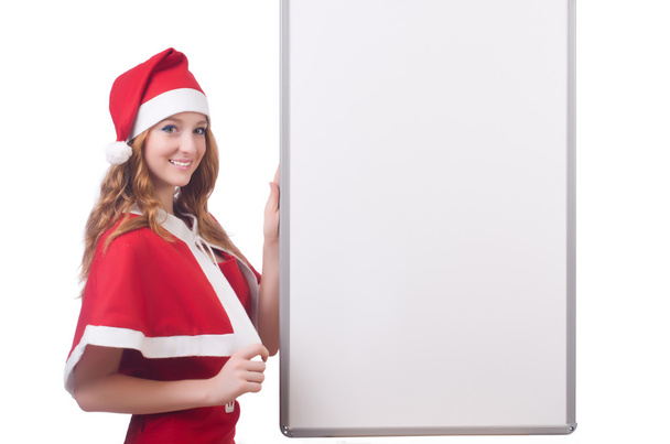 Mladá žena v červeném kostýmu Santa s prázdnou deskou - Fotografie, Obrázek