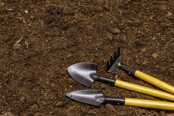 Садовые инструменты на фоне почвы. Концепция ухода за растениями Лопаты и грабли
 - Фото, изображение