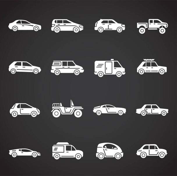 Ikony samochodów ustawione na tle grafiki i projektowania stron internetowych. Kreatywny symbol ilustracji dla aplikacji webowej lub mobilnej. - Wektor, obraz