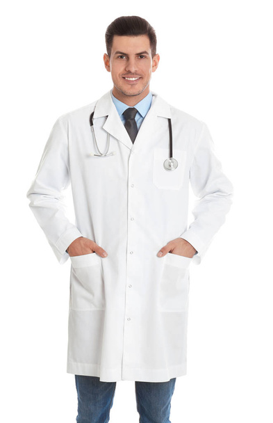 Portrait of doctor with stethoscope on white background - Foto, afbeelding