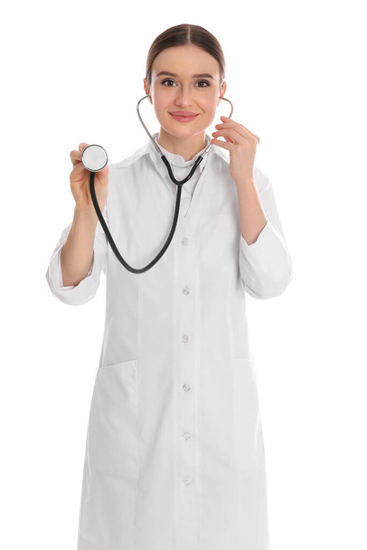 Portrait of doctor with stethoscope on white background - Foto, Imagem