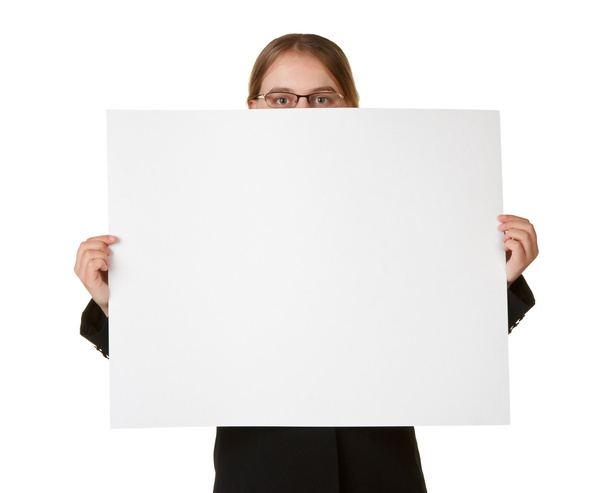 Young business woman isolated with sign card - Foto, Imagen