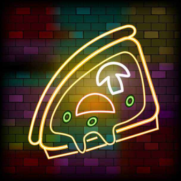Vip Neon ikon. Aranyos Vip Neon Piece of Pizza gombával a sötét téglafalon háttér. Lapos stílus. Vektorillusztráció - Vektor, kép