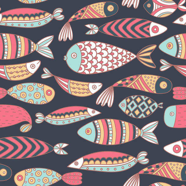 Seamless pattern with fishes. Hand drawn undersea world. Colorful artistic background. Aquarium. Can be used for wallpaper, textiles, wrapping, card, cover. Vector illustration, eps10 - Foto, Bild