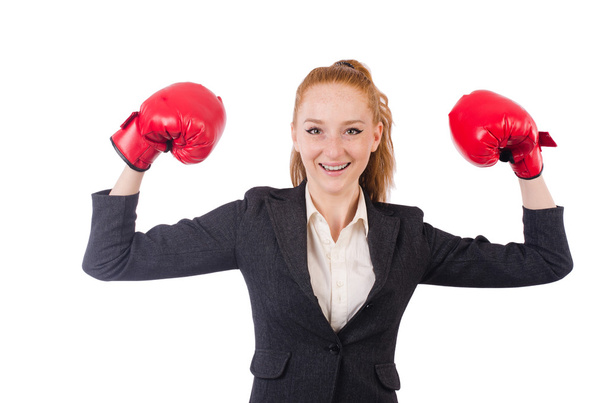Woman businesswoman with boxing gloves on white - Photo, Image