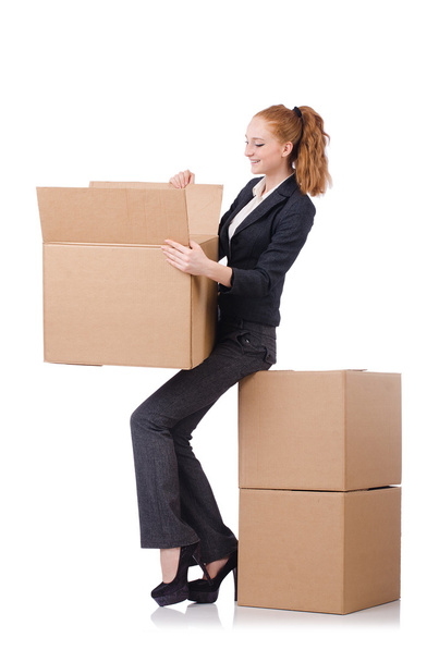 Woman businesswoman with boxes on white - Foto, Bild