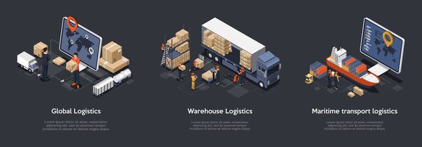 Isometric Set Of Global Logistics, Warehouse Logistics, Maritime Transport Logistics. On Time Delivery Designed To Sort and Carry Large Numbers Of Cargo. Vector Illustration - Vector, Image