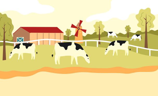 Auf der grünen Wiese am Hof grast eine Rinderherde. Cartoon-Flach. Vektorillustration - Vektor, Bild