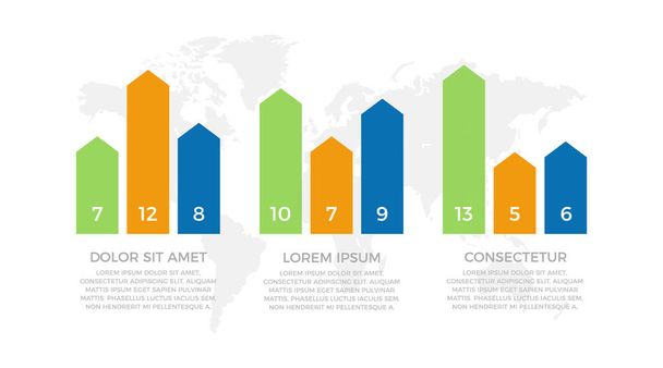Set of blue, green and orange elements for infographic with world map presentation slides. - Vector, Image
