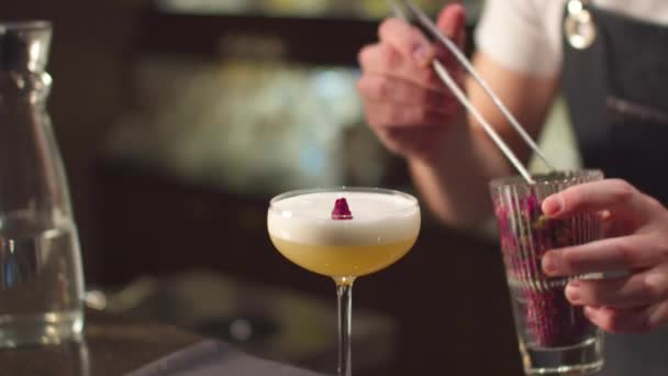 Zbliżenie, barman umieszcza jagody z szczypcami w szklance z alkoholem - Materiał filmowy, wideo