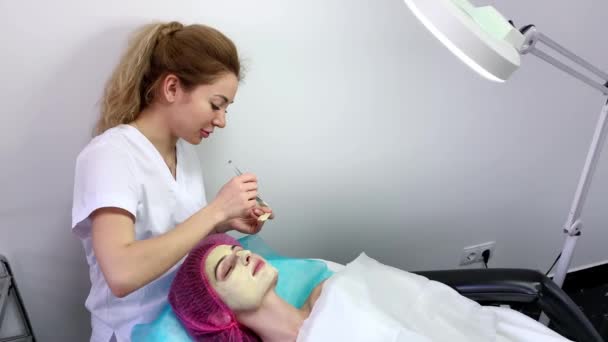 Schöne junge Frau bekommt eine Gesichtsbehandlung im Schönheitssalon. - Filmmaterial, Video