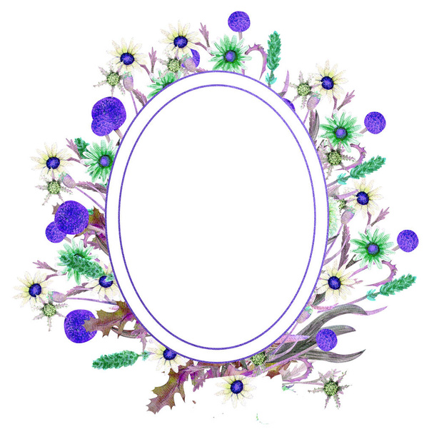 Romantic oval frame. Wildflowers in watercolor. Wedding concept with flowers. Floral poster, invitation. Watercolor arrangements for greeting card or invitation design. - Foto, imagen