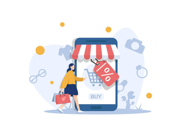 Moderno concetto di design piatto di shopping online con piccole persone, lo sviluppo del sito web mobile. Progettazione UI e UX
 - Vettoriali, immagini
