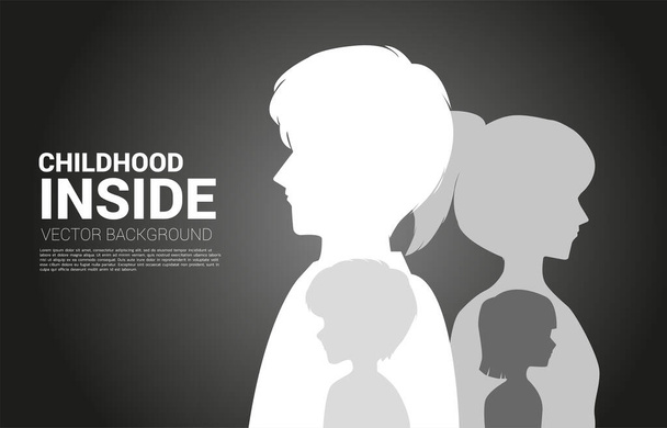 Silhouette man and woman with boy and girl inside. Concept for children in the man mind. - Vector, Imagen