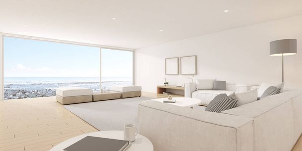 Perspectiva de la moderna sala de estar con muebles luminosos y sofá blanco sobre fondo de mar. Estilo mínimo. Renderizado 3D
. - Foto, Imagen