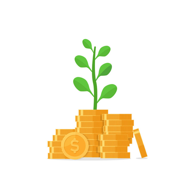Drzewo rosnące na stosie monet z funduszem wzajemnym, Wzrost dochodów, wzrost przychodów, pieniądze kredytowe - Wektor, obraz