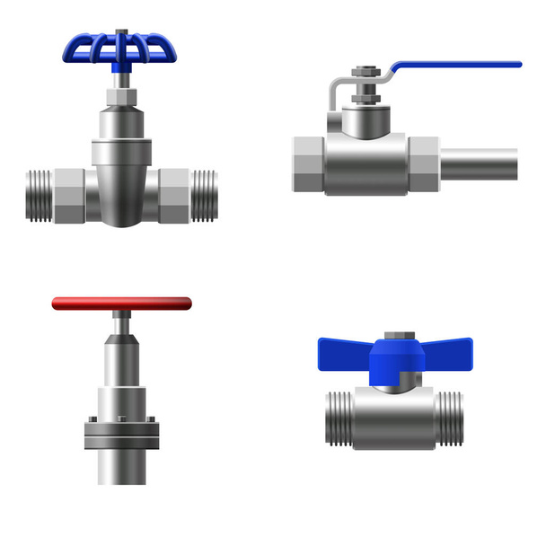 ボールバルブ、継手、金属配管システムのパイプを設定します。異なるタイプのバルブ水、油、ガスパイプライン、パイプ下水。建設および産業用圧力技術配管。ベクターイラスト - ベクター画像