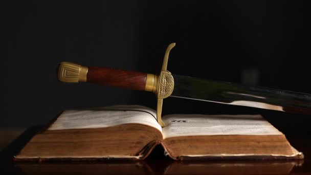 One Hundred Fifty Year Old Open Bible with Sword - Video, Çekim