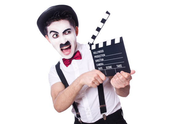 Mann mit Filmklöppel isoliert auf weißem Grund - Foto, Bild
