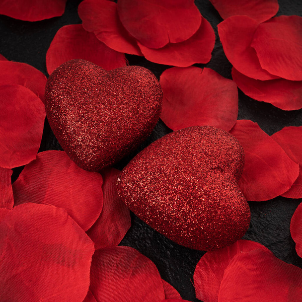 Red Heart  With  Roses. Rose petals with two heart  - love conce - Fotoğraf, Görsel