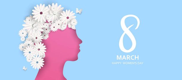8 March. Happy Mother's Day. Paper cut Butterfly with flower holiday background - Vector, afbeelding