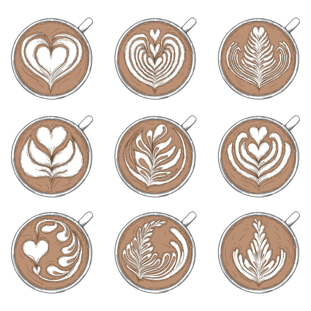 Latte sanat koleksiyonu. Köpük desenli kahve bardakları.  - Vektör, Görsel