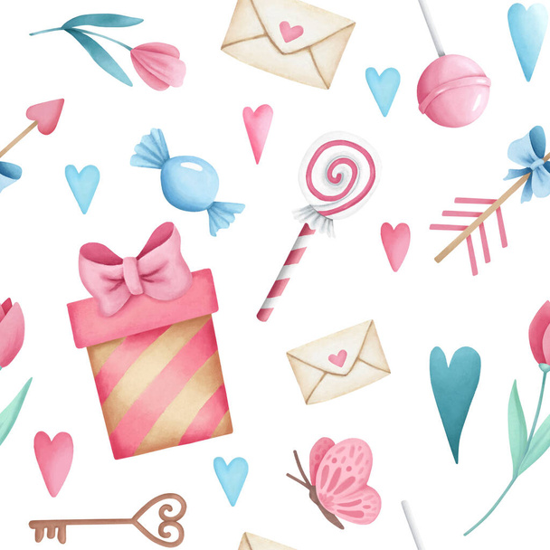Hand drawn watercolor Valentine's Day pattern. Watercolor sweets, hearts, candies, gift box, illustration isolated on white background. Seamless pattern for invitations, cards, wrapping paper - 写真・画像