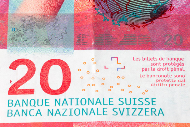 Detail of 20 Swiss franc, CHF paper banknote. - Fotoğraf, Görsel