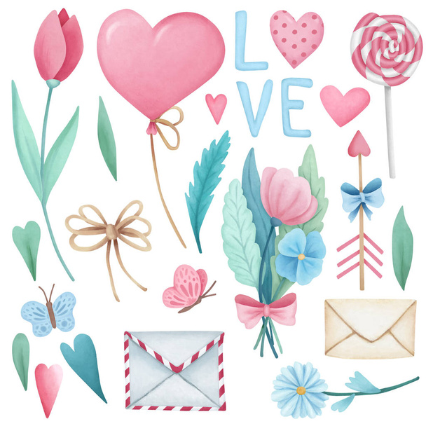 バレンタインデーのお祝いの要素セットを手描き。水彩画の花、心、文字のイラストは白い背景に隔離されています。招待状、カード、包装紙のための手書きのイラスト - 写真・画像