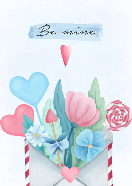 Hand drawn Valentine's Day festive post card. Watercolor flowers, hearts, candies illustration on watercolor background. Handdrawn illustrations for invitations, cards, wrapping paper. Pre-made card - Foto, afbeelding