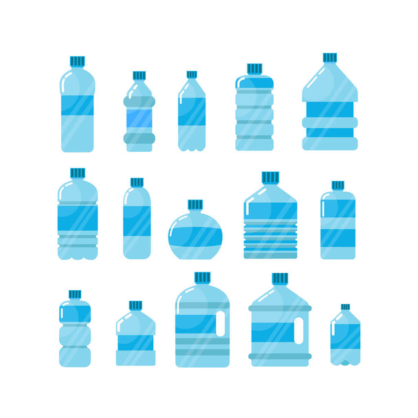 Набір пластикових пляшок для води. Синя питна вода, упакована в ПЕТ-пляшку, переробляється та легко зберігається. Векторна плоска мультяшна ілюстрація ізольована на білому тлі
 - Вектор, зображення