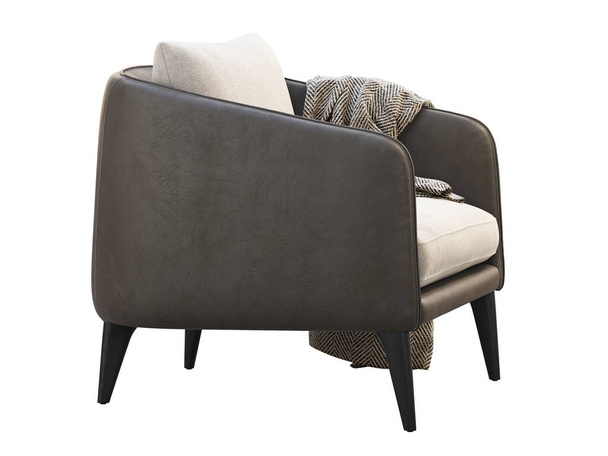Темно-коричневое кожаное кресло со светлыми подушками. 3D рендеринг
 - Фото, изображение