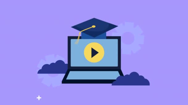 卒業式の帽子学習アニメーション付きのラップトップコンピュータ - 映像、動画