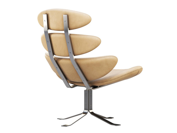 Mid-century modern beige leather chair with chromium base. 3d render. - Photo, Image