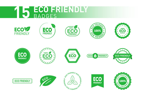 Collection of eco friendly green badges. Design element for packaging design and promotional material. Vector illustration. - Vektör, Görsel