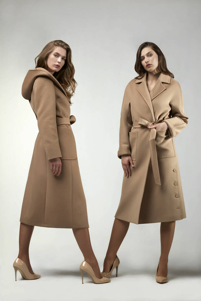 beautiful fashion women posing in elegant coats at studio - Foto, Imagen