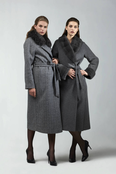 mulheres de moda bonita posando em casacos elegantes no estúdio
 - Foto, Imagem