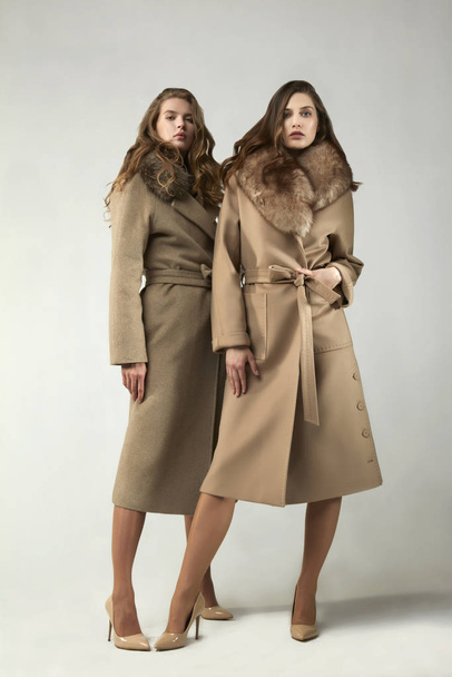 hermosas mujeres de moda posando en abrigos elegantes en el estudio
 - Foto, Imagen