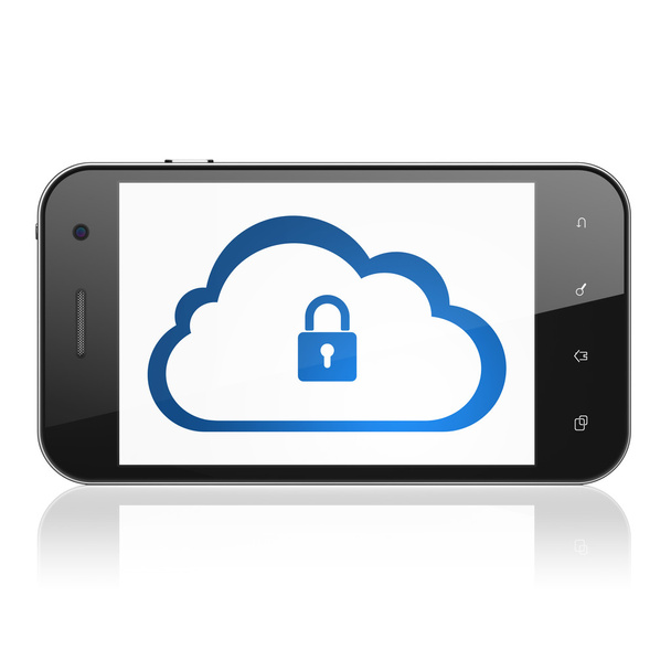 Cloud computing koncepcja: chmura z kłódką na smartphone - Zdjęcie, obraz