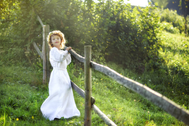 Full length portrait of 5 year old σγουρά όμορφο κορίτσι σε λευκό παραδοσιακό ουκρανικό κέντημα φόρεμα κοντά σε ξύλινο φράχτη με χαμομήλι στεφάνι στο κεφάλι στα Καρπάθια βουνά, Ουκρανία. - Φωτογραφία, εικόνα