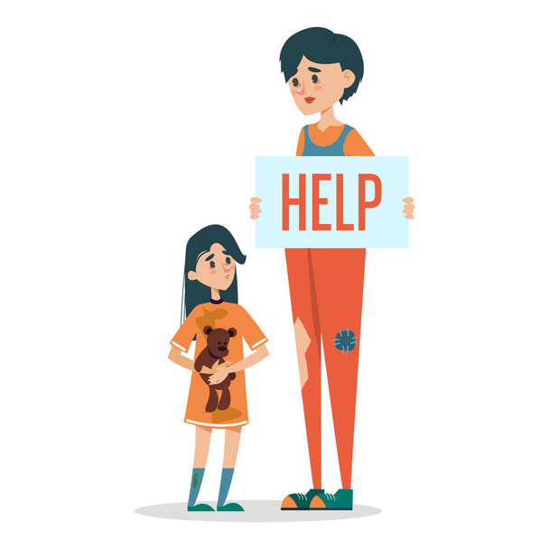 Sad homeless woman with a little child begging for money - Vector, Image
