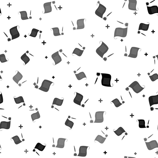 schwarze Feder im Tintenfass und Papierrollensymbol isolierten nahtlosen Muster auf weißem Hintergrund. Vektorillustration - Vektor, Bild