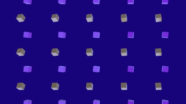 Animation of multiple rows of 3d purple and brown cubes spinning and rotating simultaneously on dark blue background. Elements moving in formation. 3d digital design composite video animation. - Кадры, видео