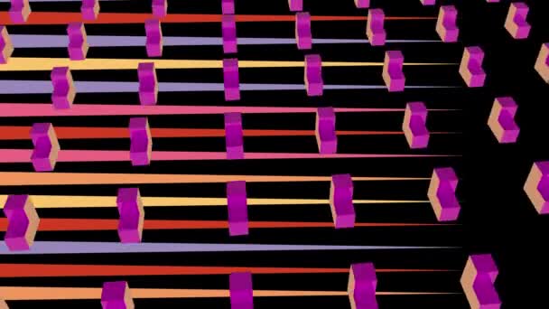 Animation of multiple rows of 3d orange and pink geometric elements spinning and rotating simultaneously on striped pink, yellow and purple background. Elements moving in formation. 3d digital design composite video animation. - Filmati, video