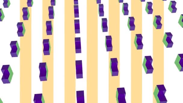 Animation of multiple rows of 3d green and purple geometric elements spinning and rotating simultaneously on striped orange and white background. Elements moving in formation. 3d digital design composite video animation. - Metraje, vídeo